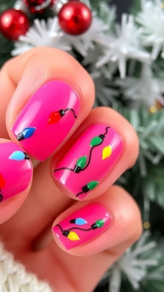 Pink Christmas Nail Art with Lights Design Close-up of pink Christmas nails with colorful lights design.